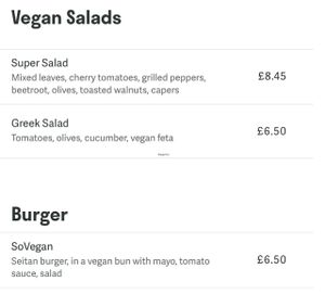 Vegan menu section as seen on Deliveroo at Royal Sovereign Pub in East London