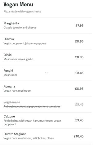Vegan menu section as seen on Deliveroo at Royal Sovereign Pub in East London