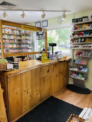 Counter with sweets/supplements at New Morning Natural Foods in Manchester Center