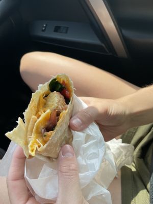Cheesy vegan wrap  at New Morning Natural Foods in Manchester Center
