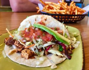 Mixed taco meal and fries at Trippy Taco  in St Kilda