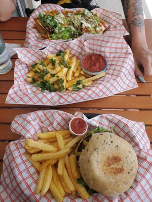 Burger, fries, nachos at Green Vurgers in San Jose