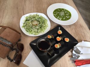 vegan sushi , raw noodles and spinach soup at BIOrganic Raw Cafe in Chisinau