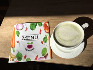 matcha latte with soy milk at BIOrganic Raw Cafe in Chisinau