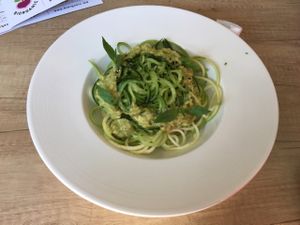 raw zucchini pasta with avocado/basil sauce at BIOrganic Raw Cafe in Chisinau