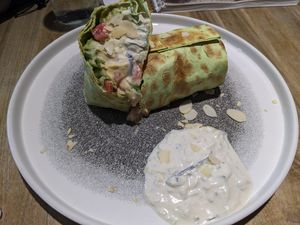 Avocado and hummus wrap with vegan tzatziki sauce at BIOrganic Raw Cafe in Chisinau