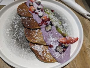 Clătite cu banană (banana pancakes) at BIOrganic Raw Cafe in Chisinau