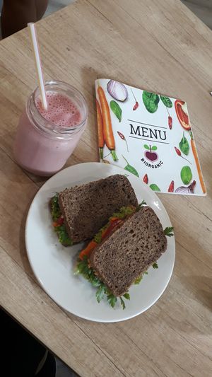 Maca smoothie and hummus sandwich at BIOrganic Raw Cafe in Chisinau