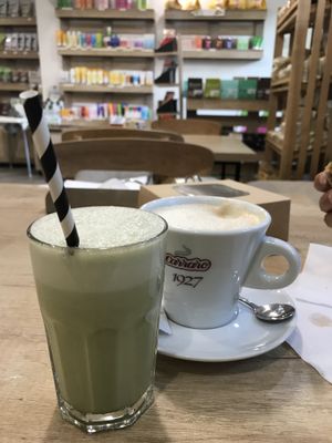 Matcha latte with herbal cappuccino and almond milk  at BIOrganic Raw Cafe in Chisinau
