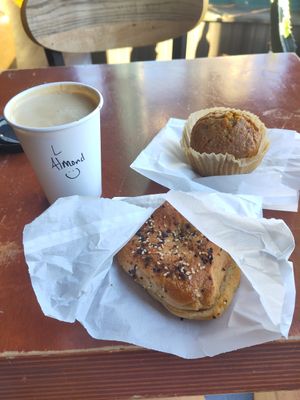 Latte, Pumpkin Spiced Muffin, everything Bagel at Ghostlight Coffee in Dayton