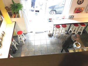 Looking down to Entry from Upstairs Dining Area at Hotei Fo Cocina Vegeteriana in Montevideo