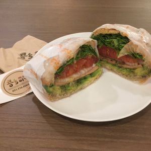 International takeout lol (jk I just took it with me on the ferry to Japan... but I wish international takeout were possible)! Got a little soggy, this travelling avocado sandwich, but it tasted hella fine!!!! at Kong's Burger - Gaya-daero in Busan