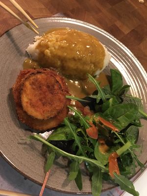 Yasai Katsu Curry with fried Aubergine, sweet potato and carrots. Simple dish filling and a little spicy  at Wagamama - Tivoli in Copenhagen