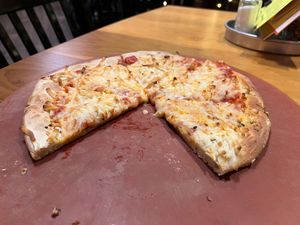 plain vegan cheese with marinara and garlic crust at Portland Pie Company in Brunswick