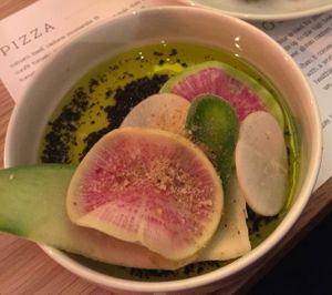Extraordinary radishes and caesar salad with vegan 'anchovies' at Double Zero in New York City