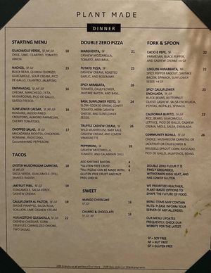 Dinner menu at Double Zero in New York City