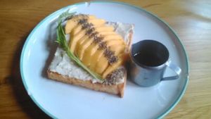 Cashew cheese and mango on vegan toast at Veganerie Concept - Benjasiri Park in Bangkok