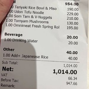 Receipt for reference. It’s about 41 sgd  at Veganerie Concept - Benjasiri Park in Bangkok