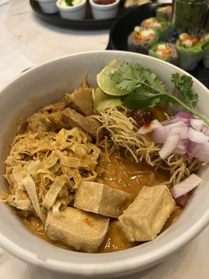 Khao soi tofu noodles  at Veganerie Concept - Benjasiri Park in Bangkok