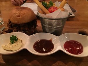 bbq pork and fries!!  at Veganerie Concept - Benjasiri Park in Bangkok