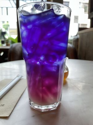 Butterfly pea and lime drink, 75 baht  at Veganerie Concept - Benjasiri Park in Bangkok
