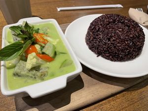 Green curry and riceberry, 210 baht  at Veganerie Concept - Benjasiri Park in Bangkok
