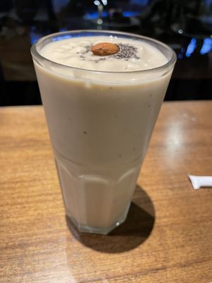Banana-almond smoothie, 165 baht  at Veganerie Concept - Benjasiri Park in Bangkok