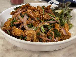 Spicy fried V-nuggets with rice, 185 baht  at Veganerie Concept - Benjasiri Park in Bangkok