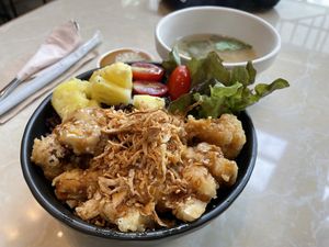 Teriyaki rice bowl & miso soup, 190 baht  at Veganerie Concept - Benjasiri Park in Bangkok