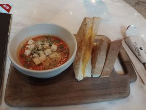 Tomato soup and grilled cheese sandwich. at Veganerie Concept - Benjasiri Park in Bangkok