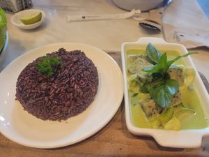 Green curry with berry rice at Veganerie Concept - Benjasiri Park in Bangkok