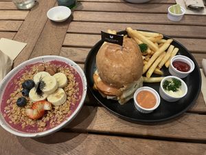 Açai smoothie bowl + cheese burger   at Veganerie Concept - Benjasiri Park in Bangkok