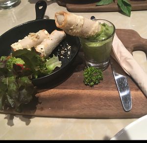 spring rolls with creamy basil sauce - a must try   at Veganerie Concept - Benjasiri Park in Bangkok