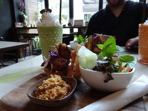 Satay chicken and waffles, matcha shake at Veganerie Concept - Benjasiri Park in Bangkok