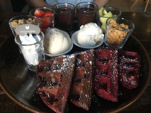 Red velvet and chocolate waffles at Veganerie Concept - Benjasiri Park in Bangkok