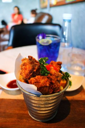 Mushroom 'chicken' bites & fries. Taste amazing! 10/10 at Veganerie Concept - Benjasiri Park in Bangkok