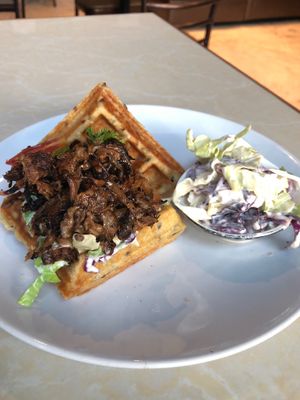 Vegan BBQ Pulled Pork Waffles at Veganerie Concept - Benjasiri Park in Bangkok