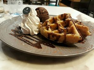 Vanilla waffles with chocolate ice cream at Veganerie Concept - Benjasiri Park in Bangkok