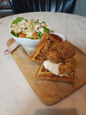 Vegan chicken and waffles at Veganerie Concept - Benjasiri Park in Bangkok