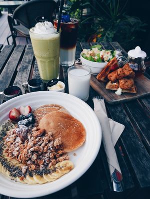 Vegan breakfast: matcha smoothie and pancakes 💕 at Veganerie Concept - Benjasiri Park in Bangkok