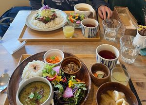Top: taco rice, bottom: todays special green curry   at Musubi Cafe in Kyoto