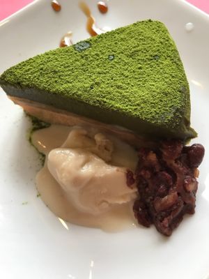 Vegan matcha cake at Musubi Cafe in Kyoto