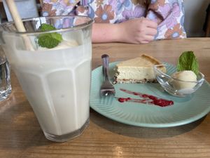 Yogurt smoothie and lemon flavoured cheesecake   at Musubi Cafe in Kyoto