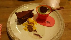 chocolate cake with pumpkin ice cream, and matcha/vanilla pudding at Musubi Cafe in Kyoto