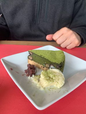 Matcha tofu cake  at Musubi Cafe in Kyoto