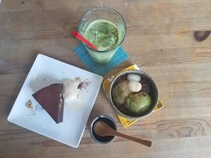 Matcha Milkshake, Chocolate Cake, & Ice Cream Parfait at Musubi Cafe in Kyoto