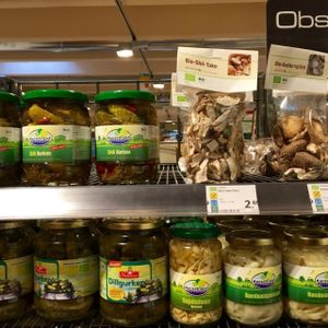 cucumbers and dried mushrooms at denn's Biomarkt - Severinstrasse in Cologne