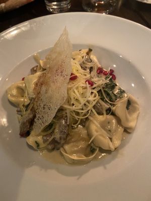 Filled tortellini with kale and vegan beef in cheese sauce   at Feca in Stockholm