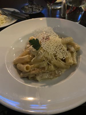 Veg Papalina pasta - with vegan beef strips, leek and mushrooms   at Feca in Stockholm