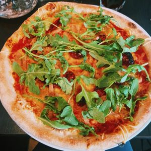 Vegan ham, sundried tomato and rocket pizza  at Feca in Stockholm